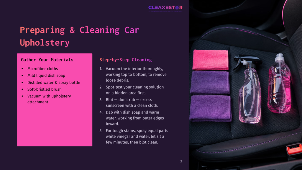 Pink And Purple Microfiber Cloths, Cleaning Spray, And Water Bottle Sit On A Car Seat, Next To A Slide Titled &Quot;Preparing &Amp; Cleaning Car Upholstery&Quot; With Cleaning Steps.