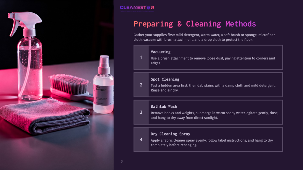 3 Preparing And Cleaning Methods Table With Cleaning Products: A Spray Bottle, Cleaning Solution, Brush, And Towel On A Dark Background. The Text Reads &Quot;Preparing &Amp; Cleaning Methods.