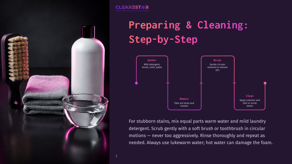 Step-By-Step Guide For Cleaning Shoes: Gather Supplies Like Mild Detergent, Brush, Cloth, And Water. Then, Brush And Clean The Shoes.
