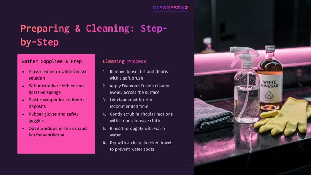 A Step-By-Step Guide To Preparing And Cleaning A Surface With Cleaning Supplies Displayed On A Countertop, Including Glass Cleaner, White Vinegar, Microfiber Cloth, Plastic Scraper, And Rubber Gloves.