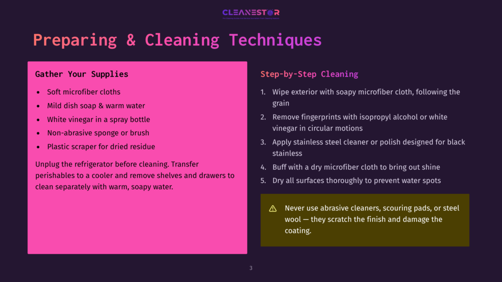 3 Preparing And Cleaning Techniques A Slide Titled &Quot;Preparing &Amp; Cleaning Techniques&Quot; With Two Sections: &Quot;Gather Your Supplies&Quot; Listing Cleaning Items And &Quot;Step-By-Step Cleaning&Quot; With Numbered Instructions. A Warning About Abrasive Cleaners Is Also Present.
