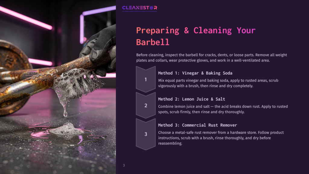 Close-Up Of A Rusty Barbell Being Cleaned With A Brush And Soapy Water, With Text Overlay Detailing Cleaning Methods: &Quot;Cleanestor Preparing &Amp; Cleaning Your Barbell Method 1: Vinegar &Amp; Baking Soda, Method 2: Lemon Juice &Amp; Salt, Method 3: Commercial Rust Remover&Quot;.