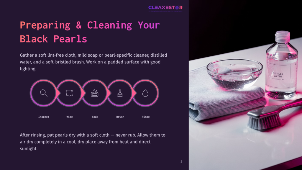 3 Preparing And Cleaning Your Black Pearls Step-By-Step Guide For Preparing And Cleaning Black Pearls: Icons Show Inspect, Wipe, Soak, Brush, And Rinse. Nearby, A Bottle Of Mild Liquid Soap And A Cloth Are Ready For Cleaning.
