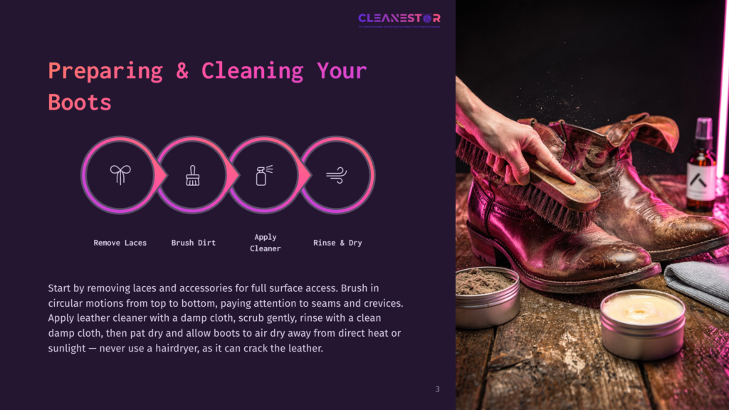 Close-Up Of A Person'S Hands Cleaning Brown Leather Cowboy Boots With A Brush, With Cleaning Products And A Cloth In The Background. Text Overlay: &Quot;Cleanestor Preparing &Amp; Cleaning Your Boots.