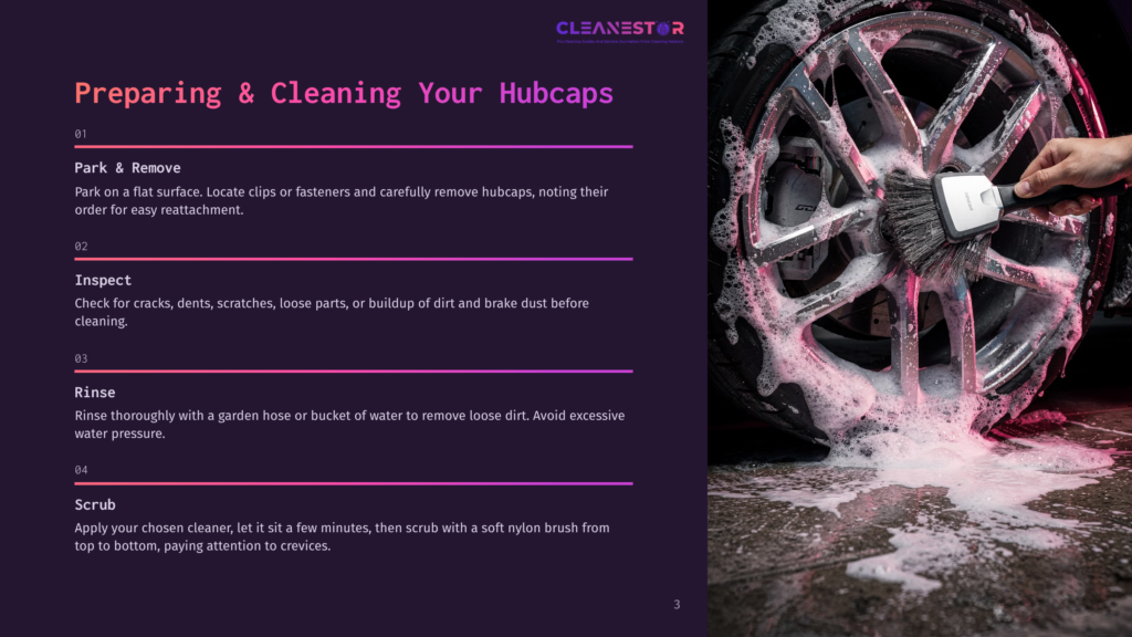 3 Preparing And Cleaning Your Hubcaps A Hand Holds A White Brush, Cleaning The Red And Black Tire Of A Vehicle, With A Pink Background And A Title &Quot;Preparing &Amp; Cleaning Your Hubcaps&Quot; Above.