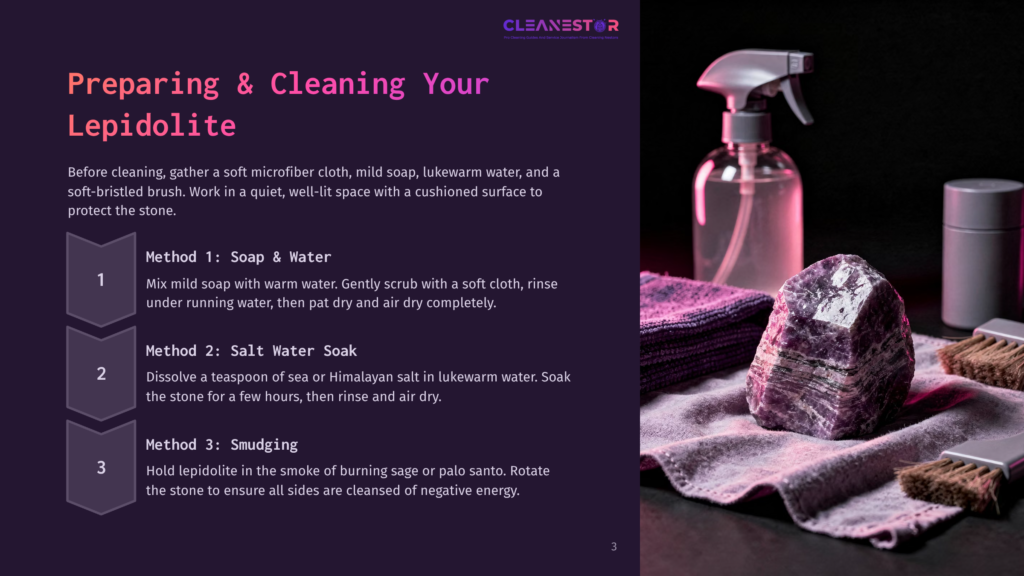 A Large, Faceted Amethyst Crystal Sits On A Purple Cloth Next To Cleaning Supplies Including A Spray Bottle, Brushes, And Cloths. Text On The Left Side Reads &Quot;Cleanestor Preparing &Amp; Cleaning Your Lepidolite Method 1: Soap &Amp; Water Method 2: Salt Water Soak Method 3: Smudging&Quot;.
