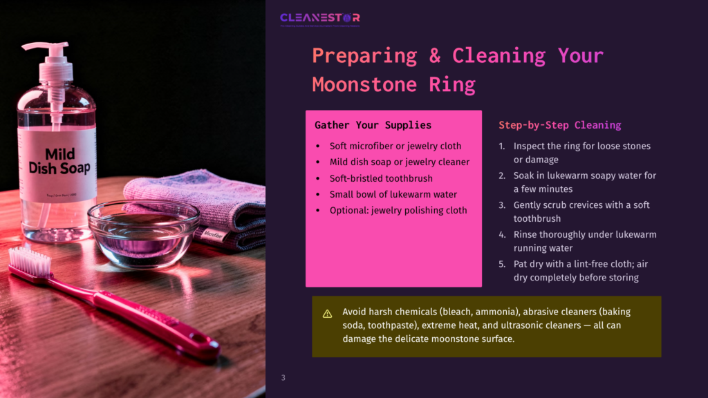 3 Preparing And Cleaning Your Moonstone Ring A Still Life Of Moonstone Ring Cleaning Supplies: Mild Dish Soap, A Pink Toothbrush, A Small Bowl Of Lukewarm Water, And A Microfiber Cloth On A Wooden Surface.