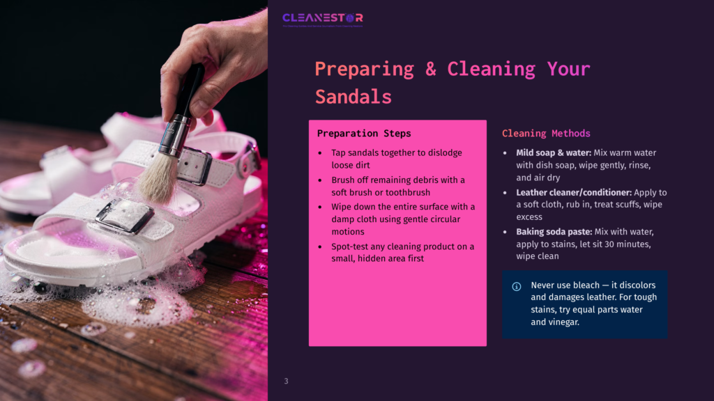 A Hand Holding A White Paintbrush Cleans A Pair Of White Sandals With Pink Soles On A Wooden Surface. Text Nearby Outlines Preparation And Cleaning Methods, With A Watermark From Cleanestor.