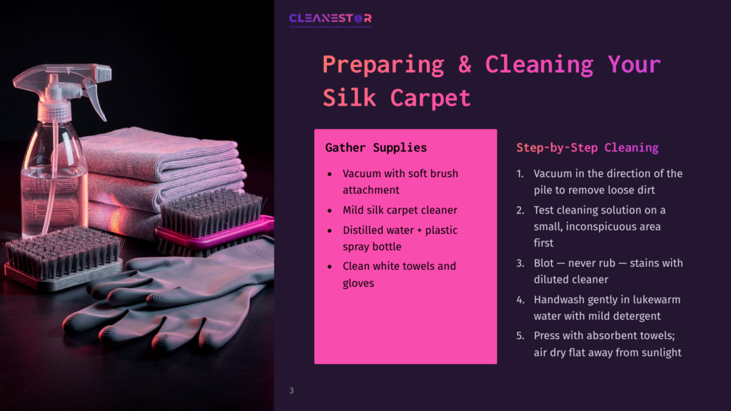 Cleaning Supplies For Silk Carpet: Spray Bottle, Folded Towels, Brushes, Gloves, And Text Detailing &Quot;Preparing &Amp; Cleaning Your Silk Carpet&Quot; With &Quot;Gather Supplies&Quot; And &Quot;Step-By-Step Cleaning&Quot; Lists.