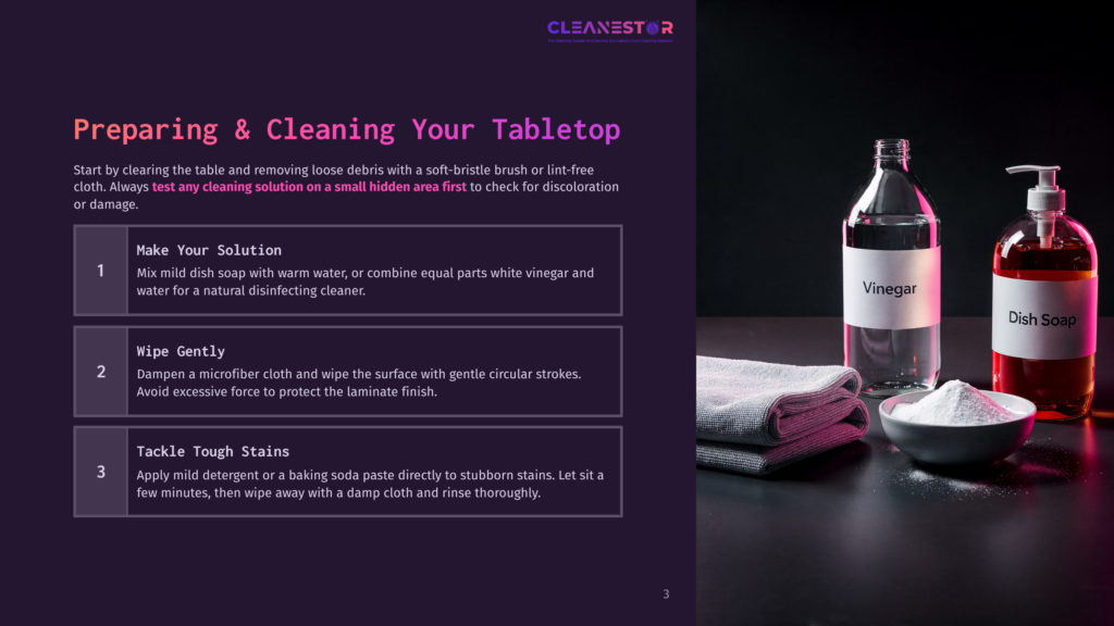 Two Bottles Of Cleaning Liquids, One Labeled &Quot;Vinegar&Quot; And Another &Quot;Dish Soap,&Quot; Sit On A Dark Surface Next To A Stack Of Folded Gray Microfiber Cloths And A Bowl Of White Powder, Likely Baking Soda, With Instructions For Cleaning A Tabletop.