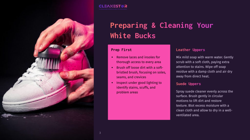 3 Preparing And Cleaning Your White Bucks A Hand Uses A Brush To Clean The Laces Of A White Sneaker. The Text Overlay Provides Cleaning Instructions For Both Leather And Suede Uppers. A Pink And Black Gradient Background Adds A Modern Look To The Scene.