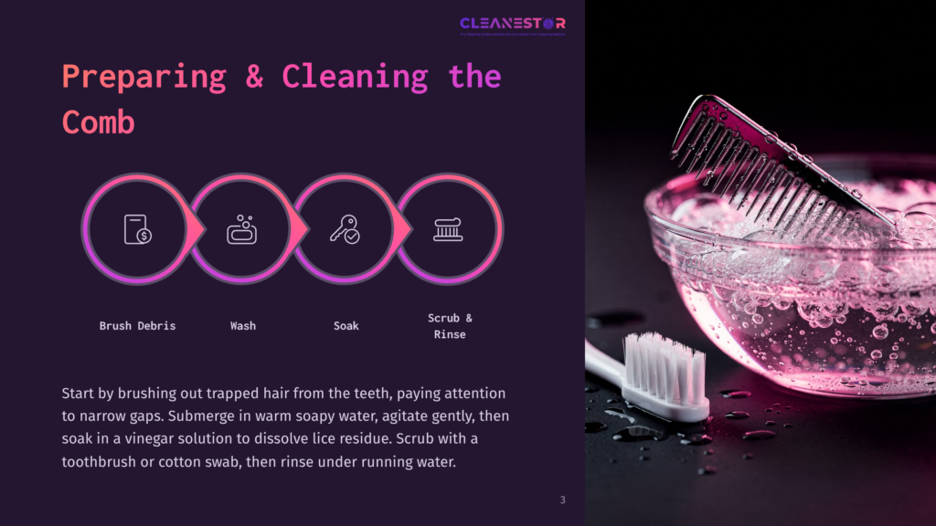 3 Preparing And Cleaning The Comb Close-Up Of A White Toothbrush And A Black Comb Being Cleaned In A Bowl Of Soapy Water, With Bubbles And Pink Lighting.