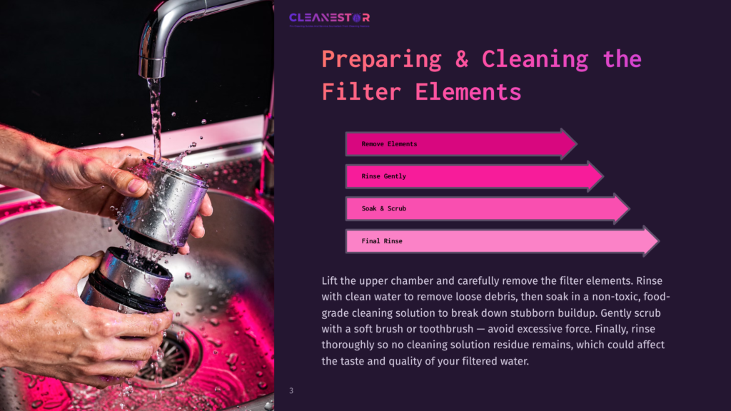 3 Preparing And Cleaning The Filter Elements 1 Hands Rinse A Disassembled Stainless Steel Water Filter Element Under A Running Faucet, With A Graphic Overlay Detailing &Quot;Preparing &Amp; Cleaning The Filter Elements&Quot;: Remove Elements, Rinse Gently, Soak &Amp; Scrub, Final Rinse.