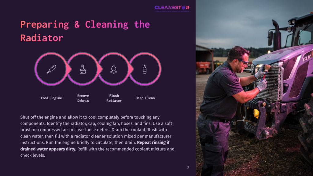 A Man Cleans The Radiator Of A Large, Modern Tractor. The Image Includes Text: &Quot;Cleanestar,&Quot; &Quot;Preparing &Amp; Cleaning The Radiator,&Quot; And Steps For Cleaning.