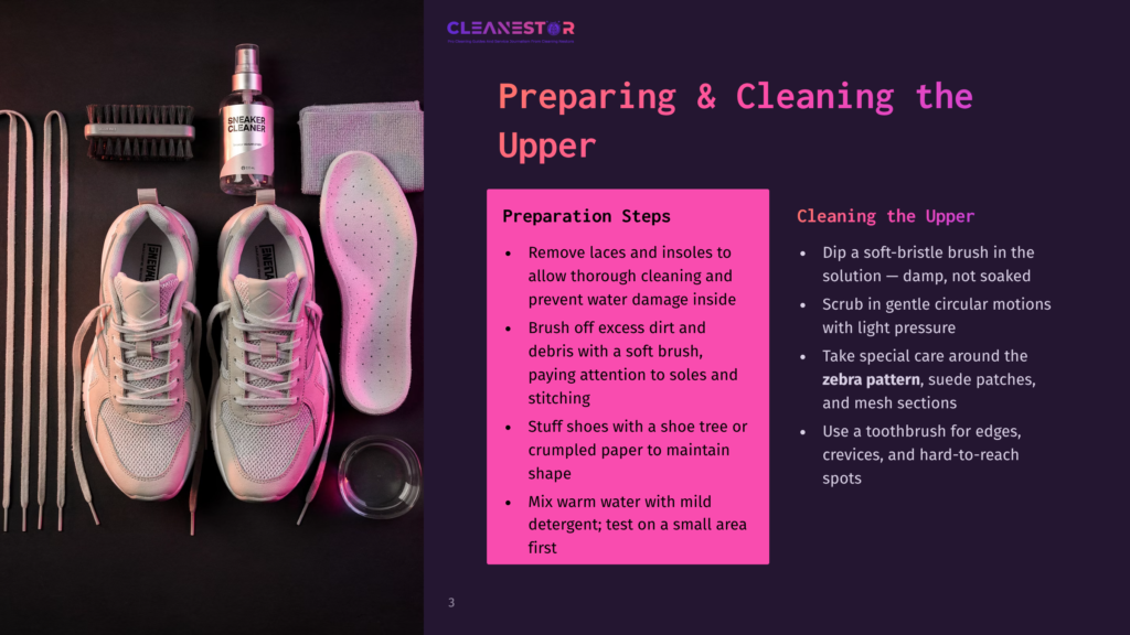 3 Preparing And Cleaning The Upper Sneaker Cleaning Supplies: Spray Bottle Labeled &Quot;Sneaker Cleans&Quot;, Brushes, Laces, Insoles, And A Gray Cloth On A White Background. Text Overlays &Quot;Preparing &Amp; Cleaning The Upper&Quot;.