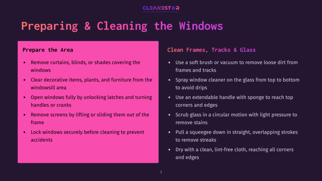 Presentation Slide Titled &Quot;Preparing &Amp; Cleaning The Windows&Quot; With Tips For Cleaning Window Frames, Tracks, And Glass, And Preparing The Area Around Windows.