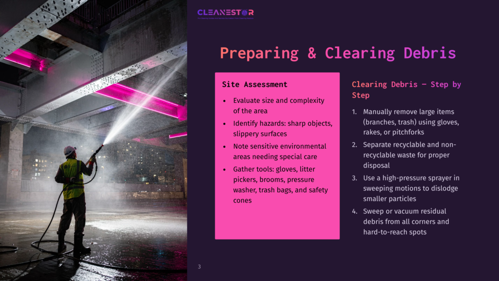 A Worker In A Yellow Vest Pressure Washes A Large Metal Structure With Pink Lighting, Preparing It For Debris Clearing. The Image Includes Text: &Quot;Cleanestor Preparing &Amp; Clearing Debris Site Assessment&Quot;.