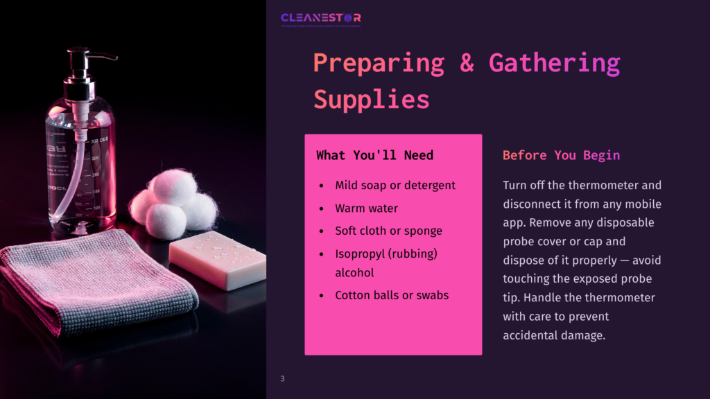 A Flat Lay Of Cleaning Supplies For A Thermometer: A Spray Bottle Labeled &Quot;Cleanestor&Quot;, Cotton Balls, A Bar Of Soap, And A Gray Microfiber Cloth On A Dark, Reflective Surface.