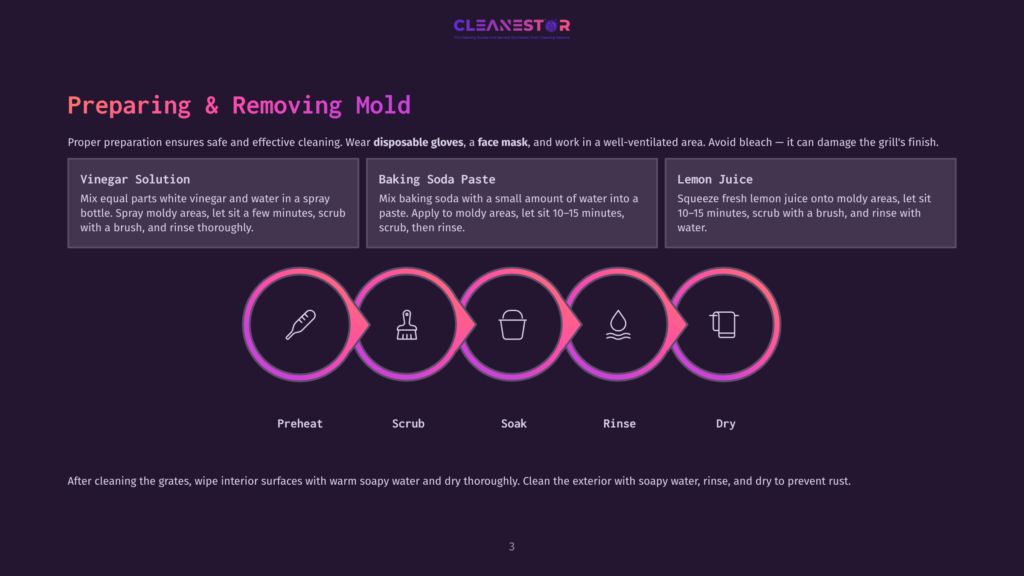 3 Preparing And Removing Mold Infographic Illustrating The Steps For Preparing And Removing Mold: Vinegar Solution, Baking Soda Paste, Lemon Juice, Followed By Icons Representing Preheat, Scrub, Soak, Rinse, And Dry.