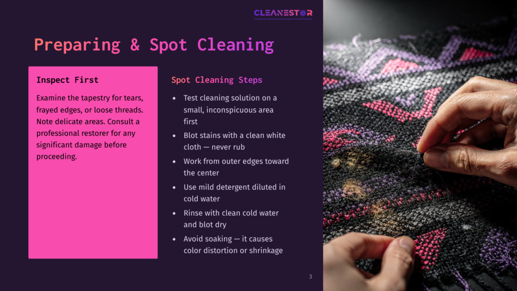 Close-Up Of Hands Carefully Cleaning A Woven Textile With A Pink And Purple Geometric Pattern, Showing Threads And A Cleaning Solution Application.