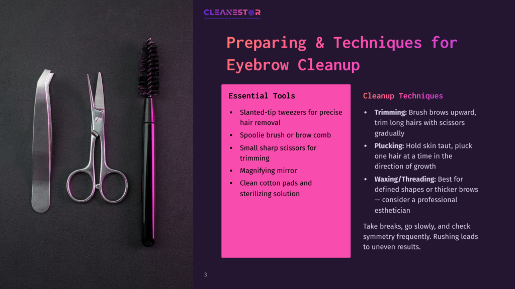Eyebrow Grooming Tools: Slanted Tweezers, Brow Brush, Sharp Scissors, Cotton Pads, And Magnifying Mirror, Laid Out On A Dark Background Next To A Presentation Slide About Eyebrow Cleanup Techniques.