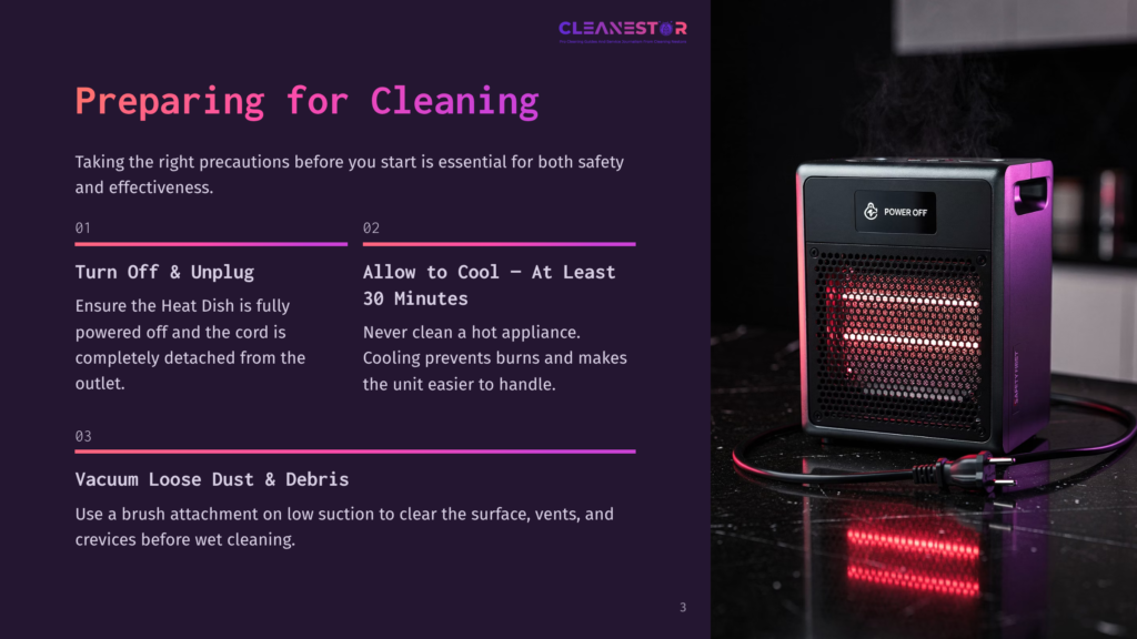 A Black And Silver Portable Heater With A Red Glowing Grid Sits On A Dark, Reflective Surface, Emitting A Wispy Steam. Text Overlay Reads &Quot;Cleanestor&Quot; And &Quot;Preparing For Cleaning&Quot;.