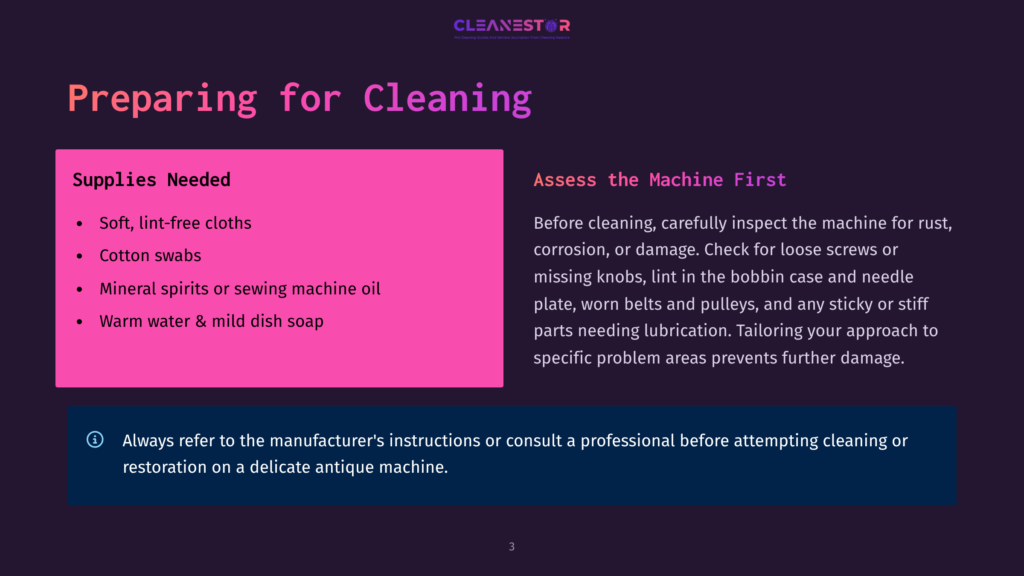 Slide 3 Of A Presentation Titled &Quot;Preparing For Cleaning&Quot; For Cleanestor, Detailing Supplies Needed And Machine Inspection With A Lightbulb Icon.