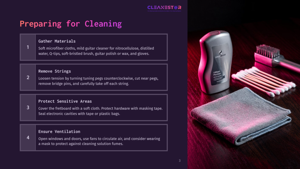 Clean And Organized Guitar Cleaning Preparation Steps Displayed On A Dark Background. Steps Include Gather Materials, Remove Strings, Protect Sensitive Areas, And Ensure Ventilation. Cleaning Supplies Like Polish, Microfiber Cloth, And Cotton Swabs Are Visible.