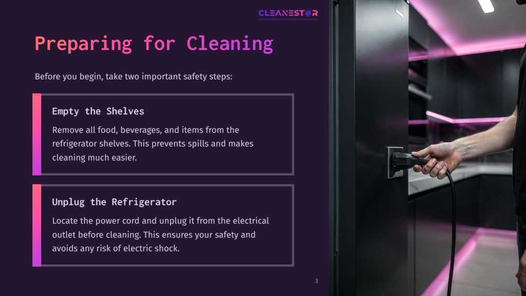 3 Preparing For Cleaning 5 A Person'S Hand Unplugs A Black Refrigerator From A Wall Outlet, With Instructions For Preparing A Refrigerator For Cleaning Displayed On The Left.