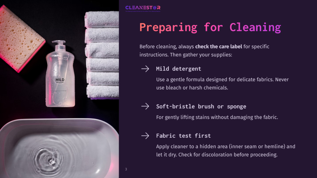 Cleanestor &Quot;Preparing For Cleaning&Quot; Guide: A Bottle Of Mild Detergent, Stack Of White Towels, And A Bathtub With Water. Text Advises Checking Care Labels And Fabric Testing.