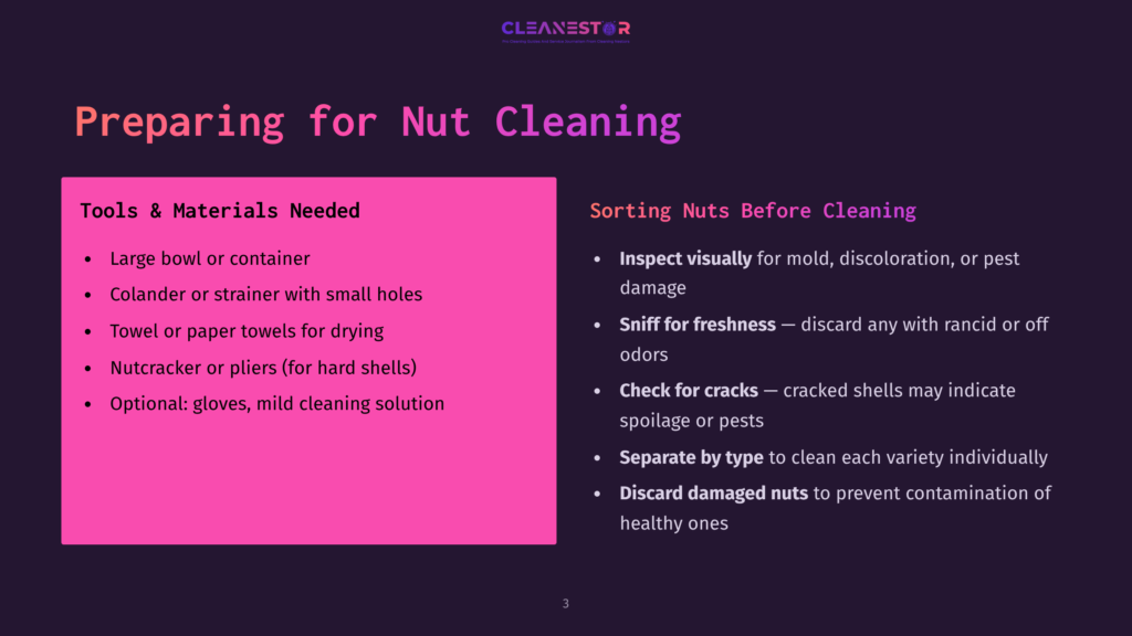 Slide Titled &Quot;Preparing For Nut Cleaning&Quot; With Two Columns: &Quot;Tools &Amp; Materials Needed&Quot; Listing Bowls, Colander, Towels, Nutcracker, And Gloves; And &Quot;Sorting Nuts Before Cleaning&Quot; With Steps Like Inspecting Visually, Sniffing For Freshness, Checking For Cracks, And Discarding Damaged Nuts. The Cleanestor Logo Is At The Top.