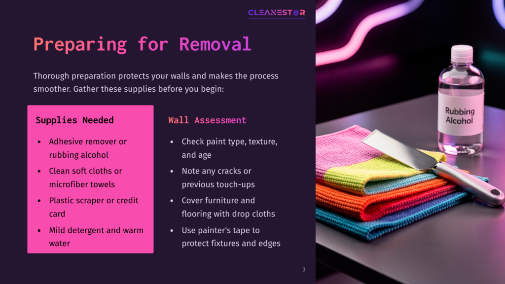 A Bottle Of Rubbing Alcohol Sits Next To A Stack Of Colorful Microfiber Cloths And A Putty Knife, With Text Overlay On The Left Listing Supplies For Wall Preparation And Assessment For Removal.