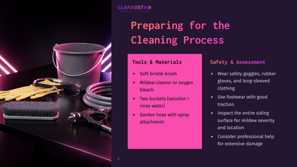 3 Preparing For The Cleaning Process 1 A Cleaning Process Preparation Scene With Tools: Yellow Gloves, Safety Goggles, A Scrub Brush, A Bucket, And A Garden Hose With A Spray Nozzle. The Image Also Shows Text Listing &Quot;Tools &Amp; Materials&Quot; And &Quot;Safety &Amp; Assessment&Quot; For Cleaning.
