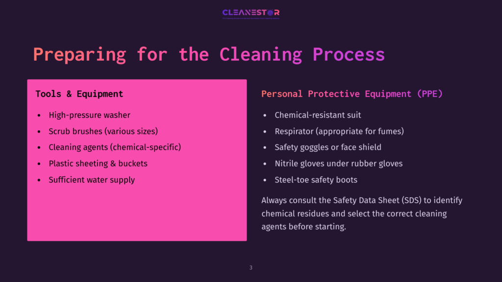 3 Preparing For The Cleaning Process Presentation Slide Titled &Quot;Preparing For The Cleaning Process&Quot; With Sections On &Quot;Tools &Amp; Equipment&Quot; And &Quot;Personal Protective Equipment (Ppe)&Quot; Listing Essential Cleaning Supplies And Safety Gear.