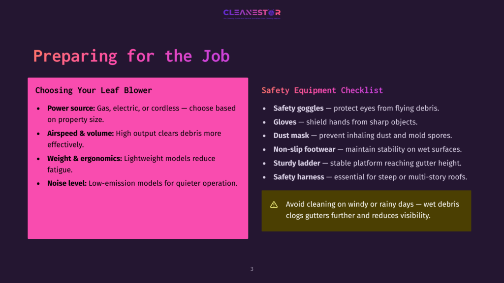 A Pink And Purple-Themed Webpage Titled &Quot;Preparing For The Job&Quot; Lists A Safety Equipment Checklist And Tips For Choosing A Leaf Blower. The Checklist Includes Safety Goggles, Gloves, Dust Mask, Non-Slip Footwear, Sturdy Ladder, And Safety Harness. Tips For Selecting A Leaf Blower Cover Power Source, Airspeed, Weight, And Noise Level. A Warning About Cleaning On Windy Or Rainy Days.