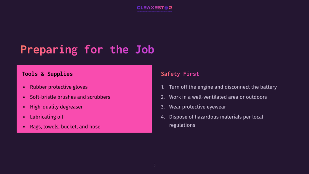 Infographic Showing A List Of Tools And Supplies For Preparing For A Job, Including Rubber Protective Gloves And Soft-Bristle Brushes, With Safety Tips Like Turning Off The Engine And Wearing Protective Eyewear.