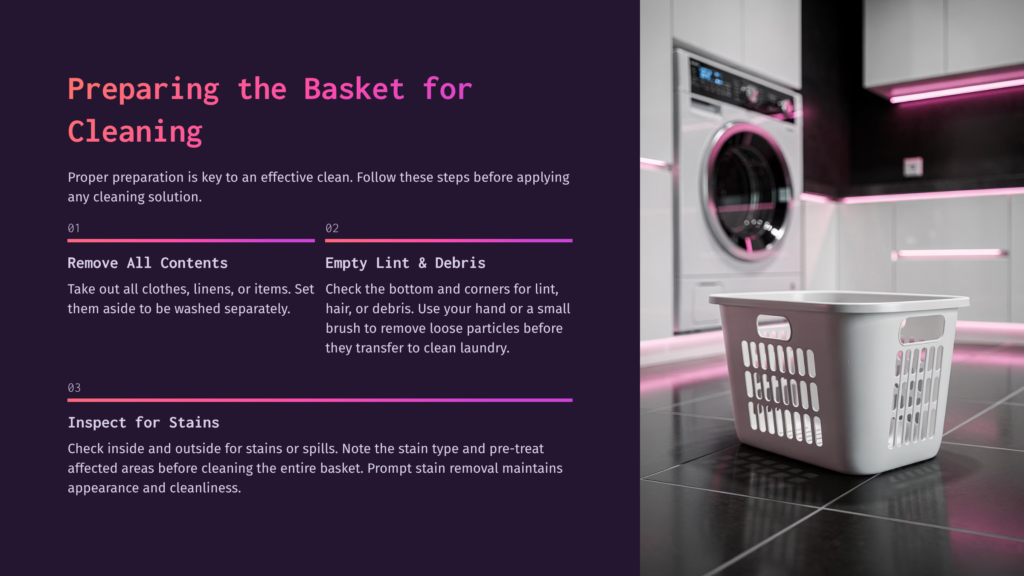 3 Preparing The Basket For Cleaning A White Laundry Basket Sits On A Dark Tiled Floor In Front Of A Modern Washing Machine With Neon Pink Accent Lighting, With Text Overlay On The Left Detailing &Quot;Preparing The Basket For Cleaning&Quot; Steps.