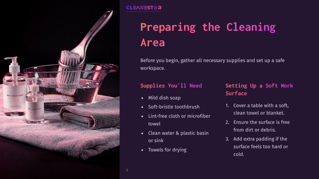 Cleaning Supplies Including Mild Liquid Soap Bottles, A Scrubbing Brush In A Glass Bowl Of Water, And Microfiber Towels Are Arranged On A Dark Surface, Ready For Cleaning.