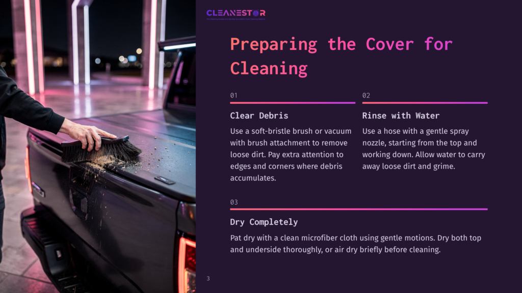 Cleanestor Logo At The Top Of A Graphic Showing Steps For Preparing A Truck Bed Cover For Cleaning: Brushing Debris, Rinsing With Water, And Drying.