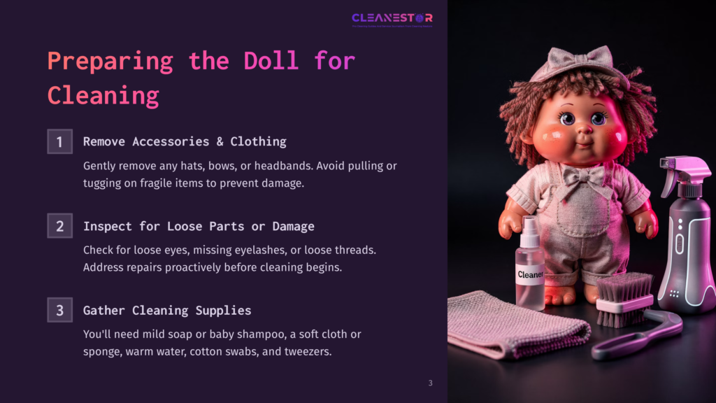 A Vintage Doll With Brown Yarn Hair, Rosy Cheeks, And A Light Blue Ruffled Outfit Sits On A Dark Background. Cleaning Supplies, Including A Pink Spray Bottle, A Soft Cloth, A Brush, And Tweezers, Are Arranged Around It. Text On The Left Reads &Quot;Preparing The Doll For Cleaning&Quot; And Lists Steps Like &Quot;Remove Accessories &Amp; Clothing,&Quot; &Quot;Inspect For Loose Parts Or Damage,&Quot; And &Quot;Gather Cleaning Supplies.