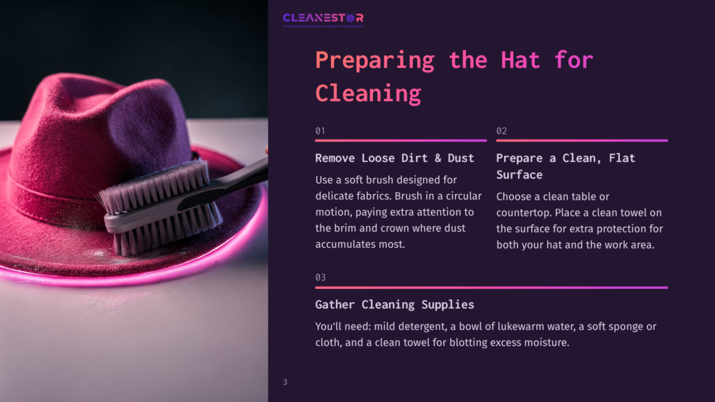 A Soft-Bristled Brush Gently Cleans A Vibrant Fuchsia Fedora Hat, Highlighting The Hat Cleaning Process. The Brush Is Grey And Positioned On The Brim Of The Hat, Which Is Resting On A Surface Illuminated By Purple Light.