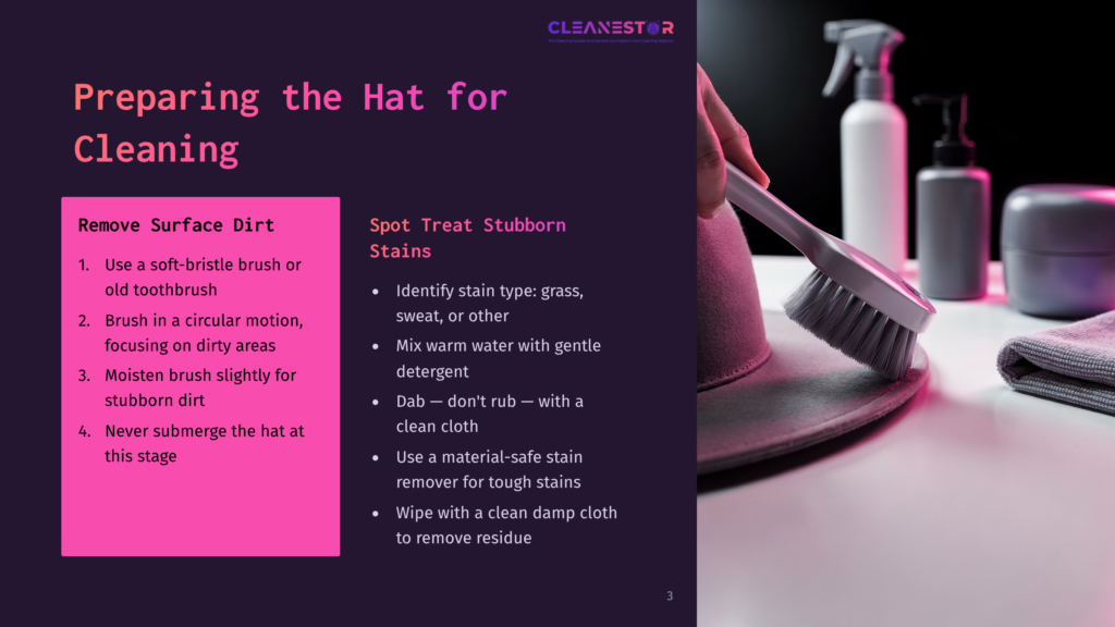 A Person'S Hand Uses A Soft-Bristle Brush To Clean A Gray Felt Hat, With Cleaning Supplies In The Background. The Image Includes Text Overlay With Instructions For Preparing A Hat For Cleaning.