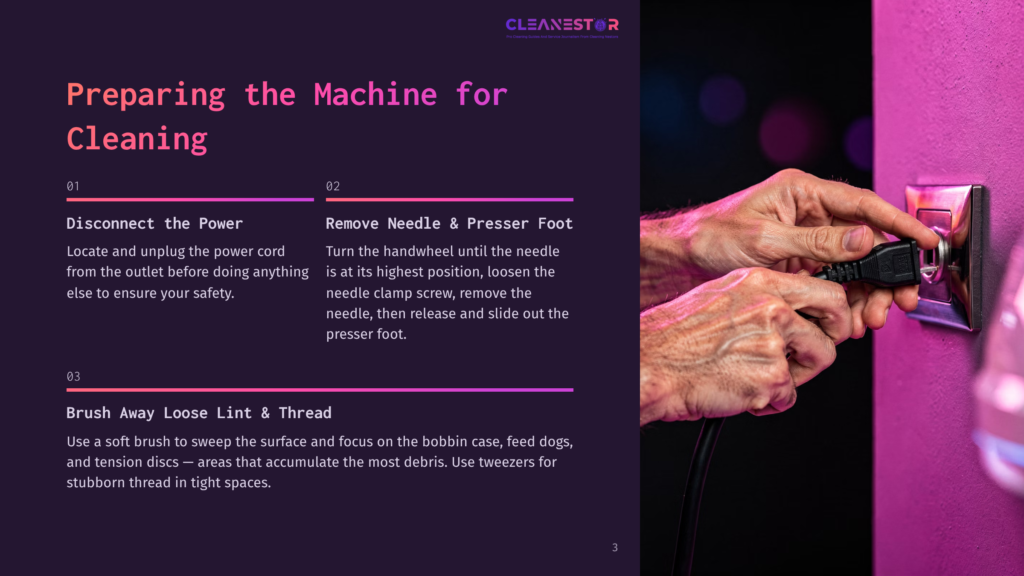 3 Preparing The Machine For Cleaning Close-Up Of A Person'S Hands Unplugging A Black Power Cord From A Silver Electrical Outlet On A Textured Pink Wall, With The Cleanestor Logo Visible In The Background.