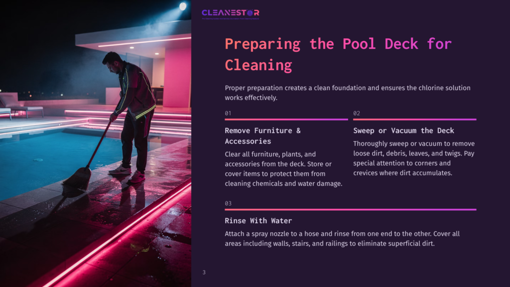 Man Sweeping A Pool Deck At Night With Purple And Pink Lighting. The Text &Quot;Cleanestor&Quot; Is Visible.