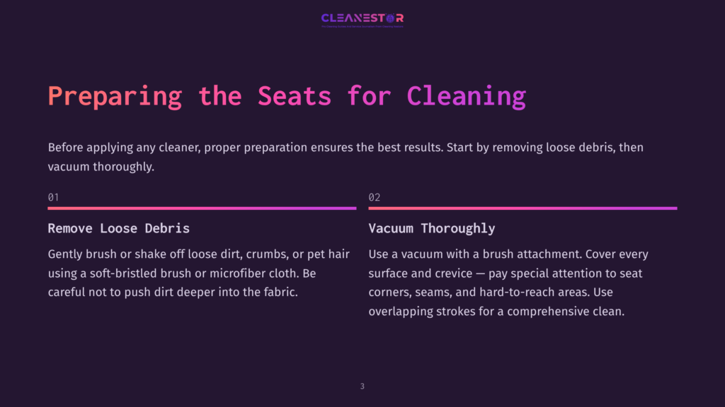 The Cleanestor Logo Is Displayed At The Top Of A Dark Purple Slide With The Title &Quot;Preparing The Seats For Cleaning.&Quot; The Slide Has Two Columns Detailing How To Remove Loose Debris And Vacuum Thoroughly.