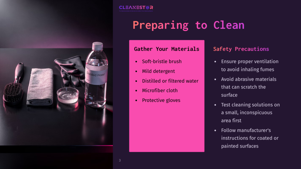 3 Preparing To Clean 1 A Cleaning Kit Is Laid Out On A Dark Surface, Including A Bottle Of Distilled Water, Microfiber Cloths, Gloves, And Brushes. The Text &Quot;Preparing To Clean&Quot; And &Quot;Gather Your Materials&Quot; Is Visible.