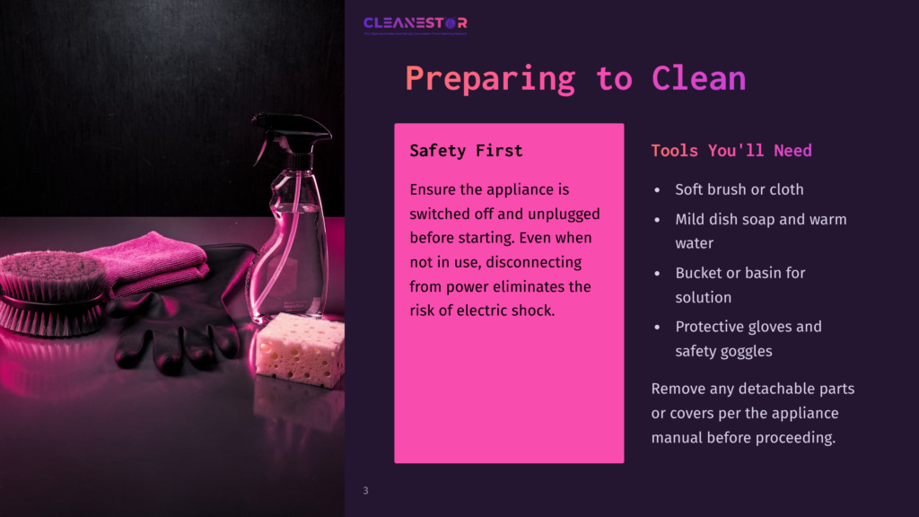 3 Preparing To Clean Preparing To Clean: A Spray Bottle, Microfiber Cloths, Gloves, And A Sponge Sit On A Reflective Surface Next To Cleaning Brushes. The Image Is Overlaid With Text: &Quot;Cleanestor,&Quot; &Quot;Preparing To Clean,&Quot; &Quot;Safety First,&Quot; And &Quot;Tools You'Ll Need.