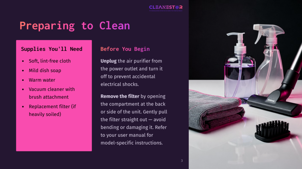 Preparing To Clean: A Pink Panel Lists Cleaning Supplies Like Soft Cloths, Mild Dish Soap, Warm Water, And A Vacuum Cleaner With Brush Attachment. Next To It, A Dark Background Shows Cleaning Supplies, Including A Spray Bottle, A Purple Liquid Dispenser, A Microfiber Cloth, And A Vacuum Cleaner.