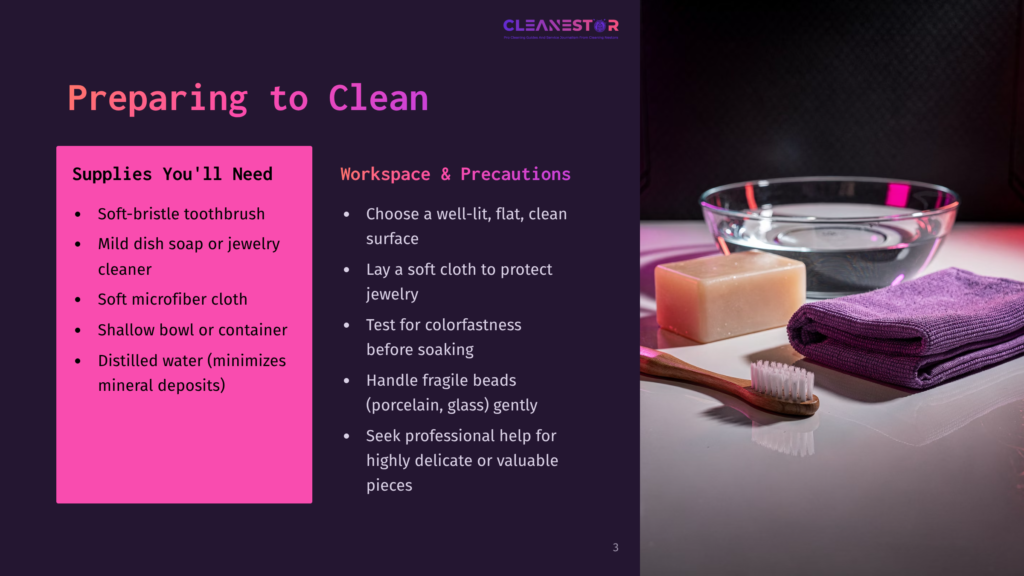 Preparing To Clean Jewelry: Soft-Bristle Toothbrush, Mild Dish Soap, Microfiber Cloth, Distilled Water, And A Workspace With A Bowl Of Water, Soap, And A Purple Cloth.