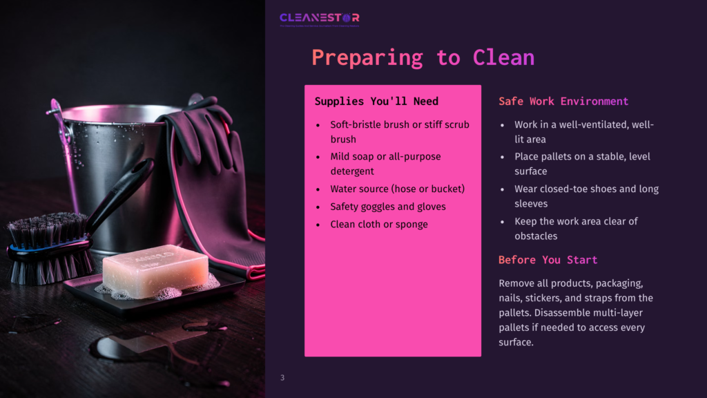 3 Preparing To Clean 6 A Bucket Of Cleaning Supplies, Including A Brush And Gloves, Sits On A Wooden Surface Next To A Bar Of Soap And A Sponge. Text On The Right Reads: &Quot;Preparing To Clean&Quot; With Bullet Points For &Quot;Supplies You'Ll Need&Quot; And &Quot;Safe Work Environment.
